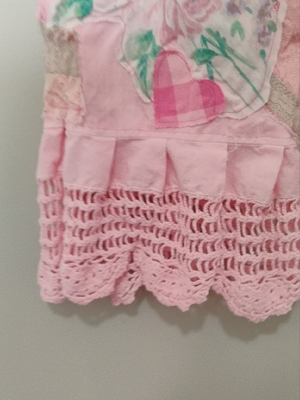 Upcycled Pink Patchwork Bloomer Pants Lace Trim, Cottagecore Floral Applique - Picture 6 of 11